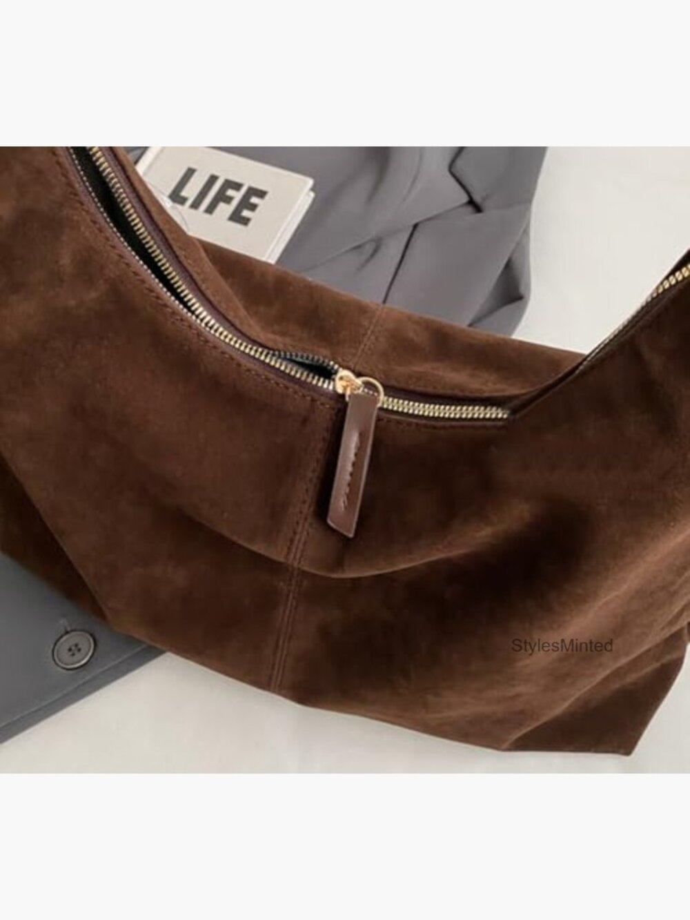 Large Faux Suede Crescent Hobo Bag with Zipper Closure - Picture 7 of 7